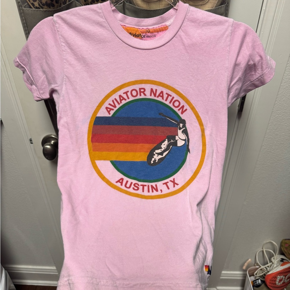 Aviator Nation Pink Tee with Rainbow Graphic
